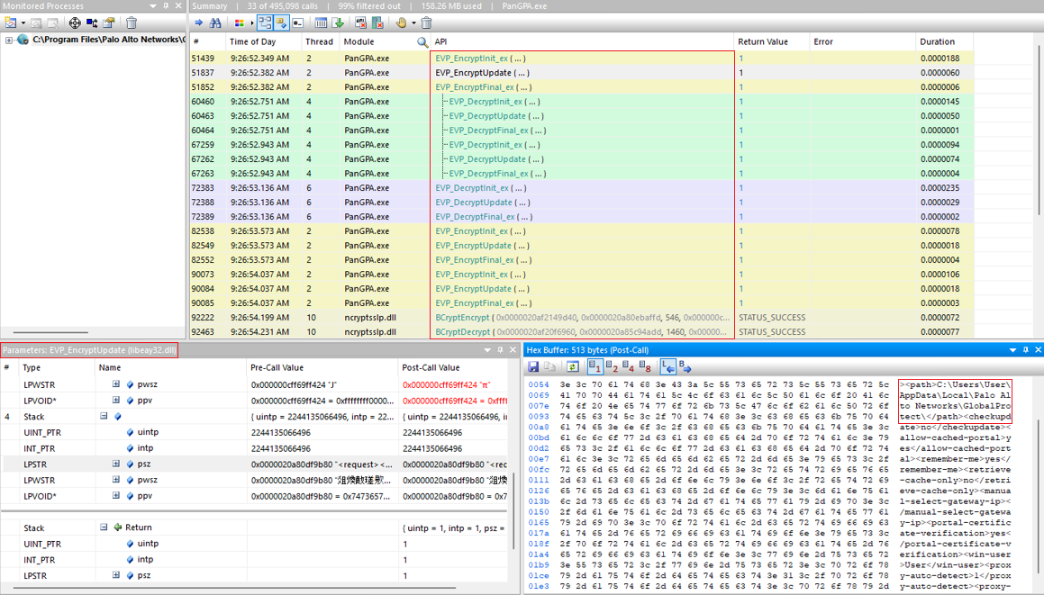 Using API Monitor to intercept encryption and decryption API calls.