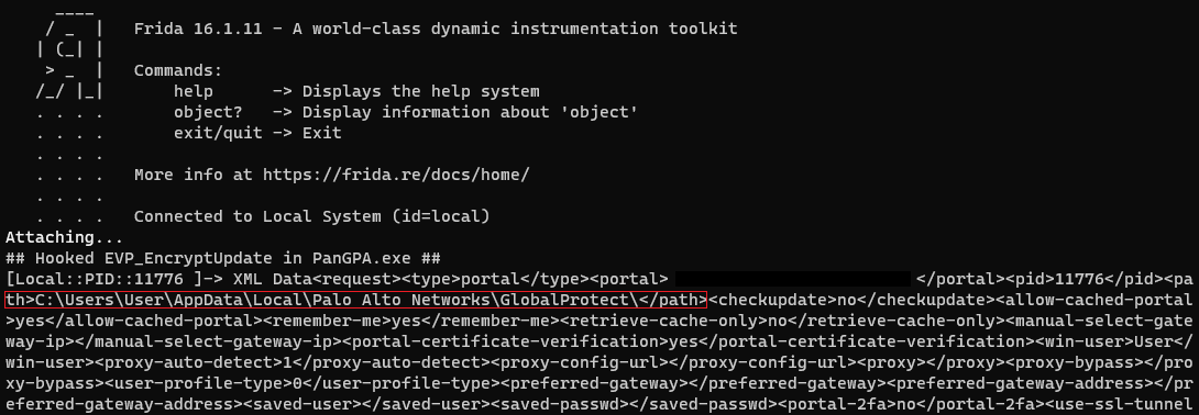 Using Frida to hook and print the XML data.