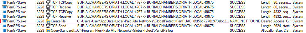 Using ProcMon to monitor PanGPS behavior after IPC traffic.